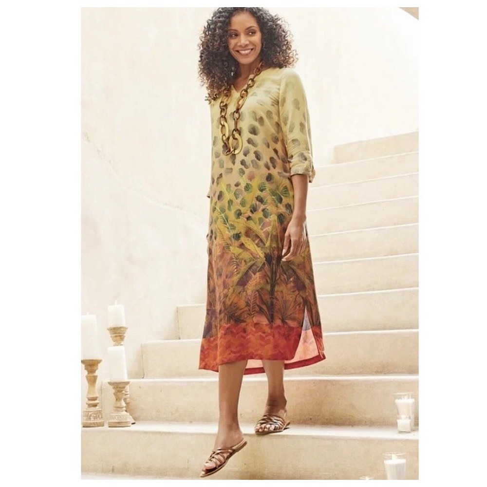Soft Surroundings Dress Womens L Yellow Tropical Jungle Print Midi V-Neck